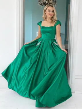 Elegant Long A-line Satin Cap Sleeves Graduation Prom Dresses with Pockets