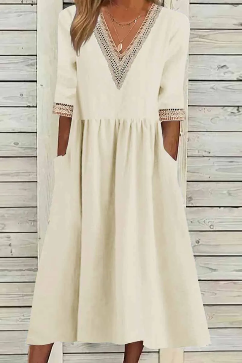 Elegant Solid Patchwork V Neck A Line Dresses(4 Colors)