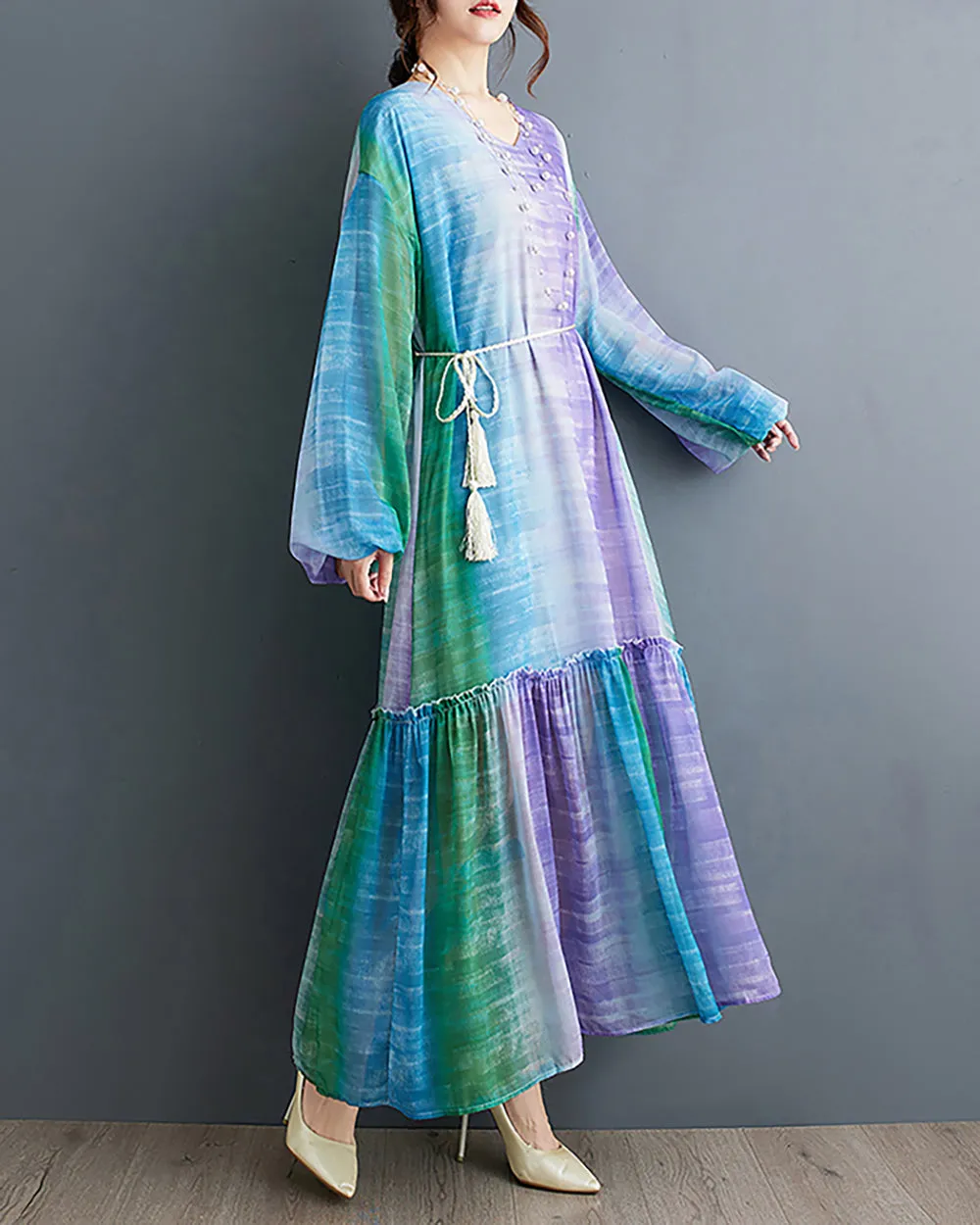 ellazhu Women's Dress V-Neck Long Sleeve Mixed Color Patchwork Flowy Hem Loose Oversize Casual GZ269 Purple