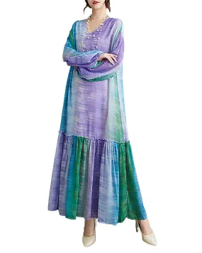 ellazhu Women's Dress V-Neck Long Sleeve Mixed Color Patchwork Flowy Hem Loose Oversize Casual GZ269 Purple