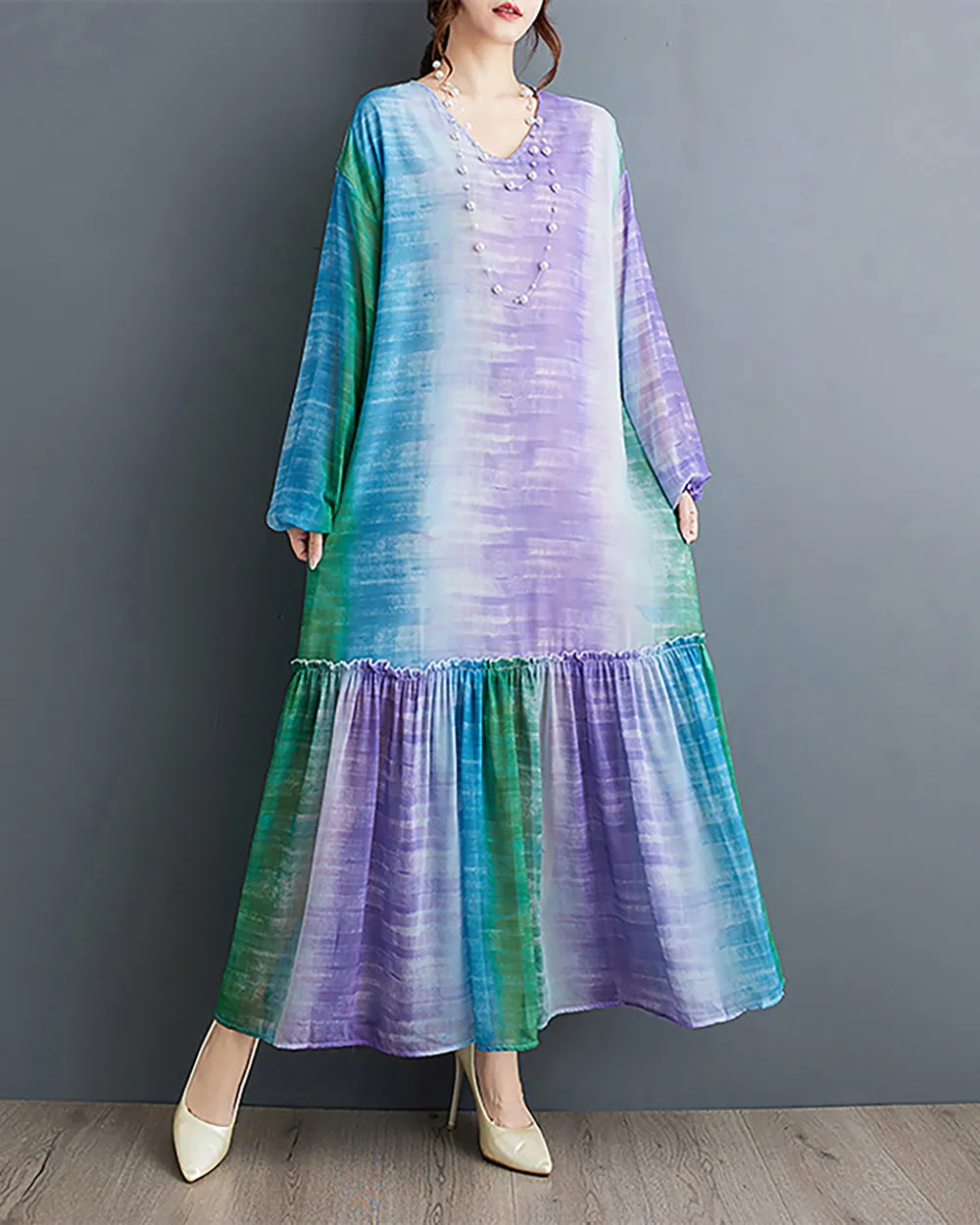 ellazhu Women's Dress V-Neck Long Sleeve Mixed Color Patchwork Flowy Hem Loose Oversize Casual GZ269 Purple