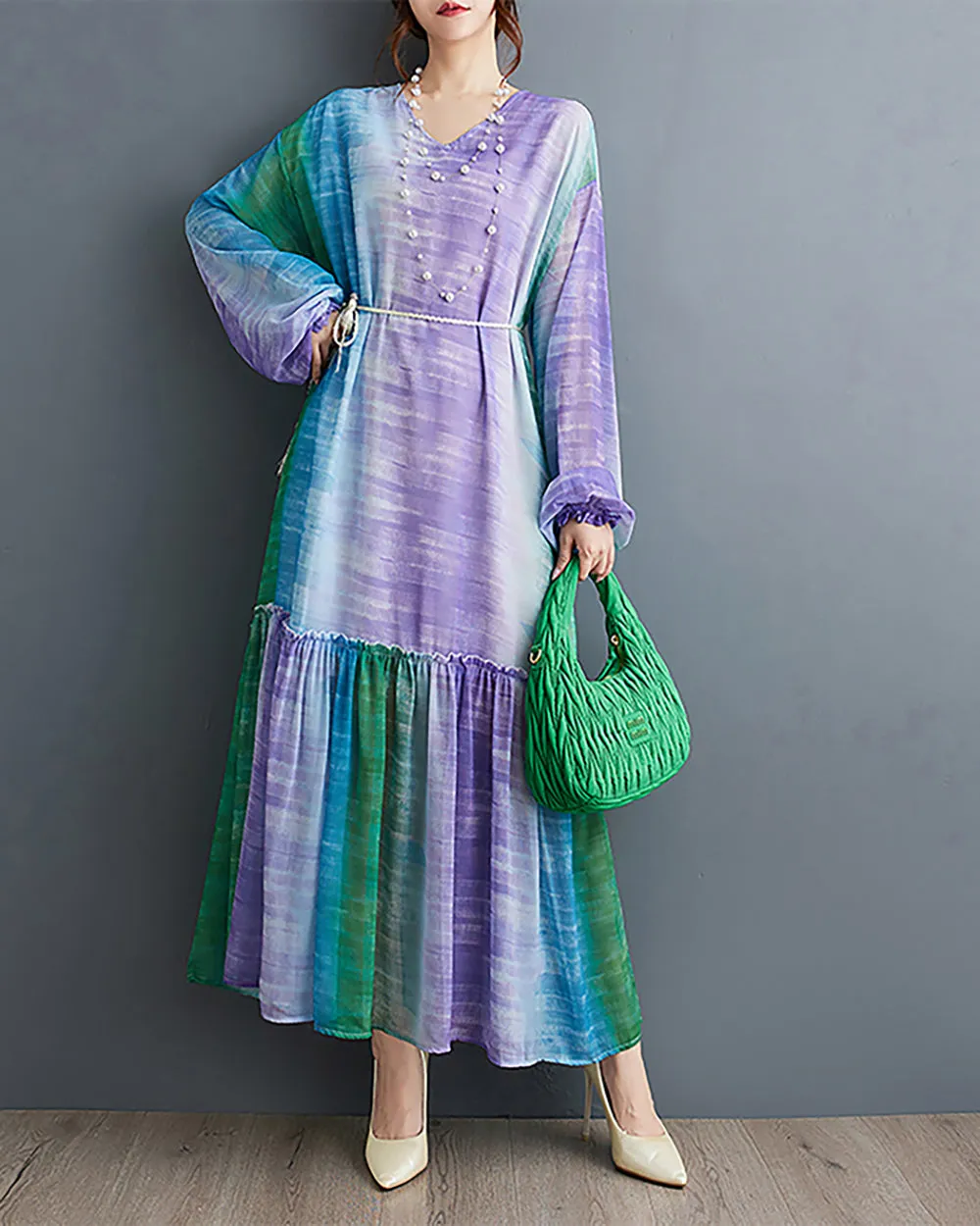 ellazhu Women's Dress V-Neck Long Sleeve Mixed Color Patchwork Flowy Hem Loose Oversize Casual GZ269 Purple