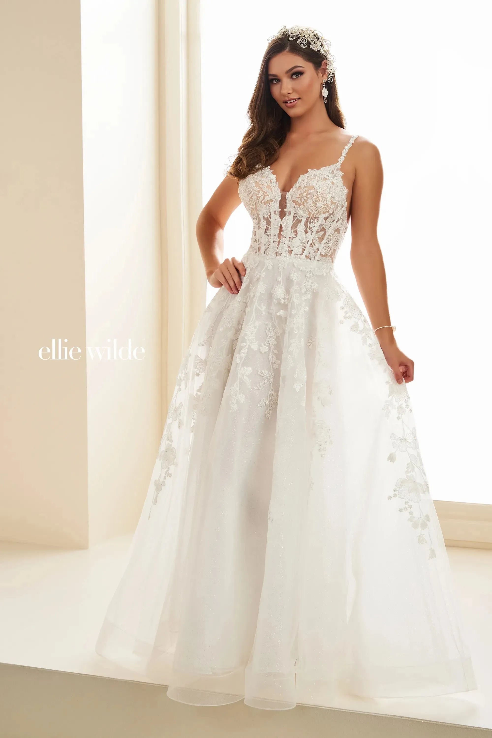 Ellie Wilde EW36015 Size 12 Strawberry Long sheer lace A Line Prom Dress Shimmer Pageant Gown Formal Ballgown