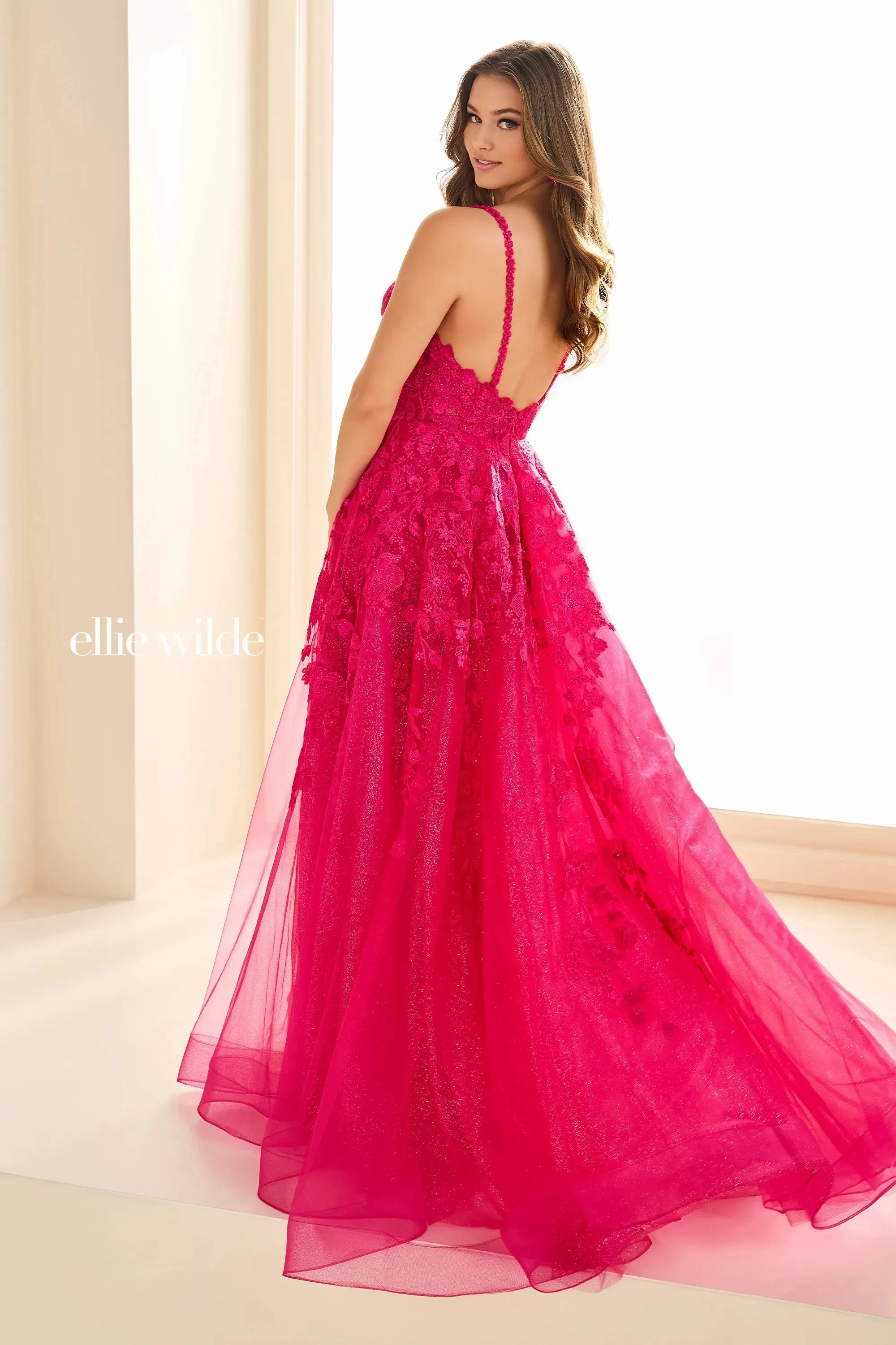 Ellie Wilde EW36015 Size 12 Strawberry Long sheer lace A Line Prom Dress Shimmer Pageant Gown Formal Ballgown