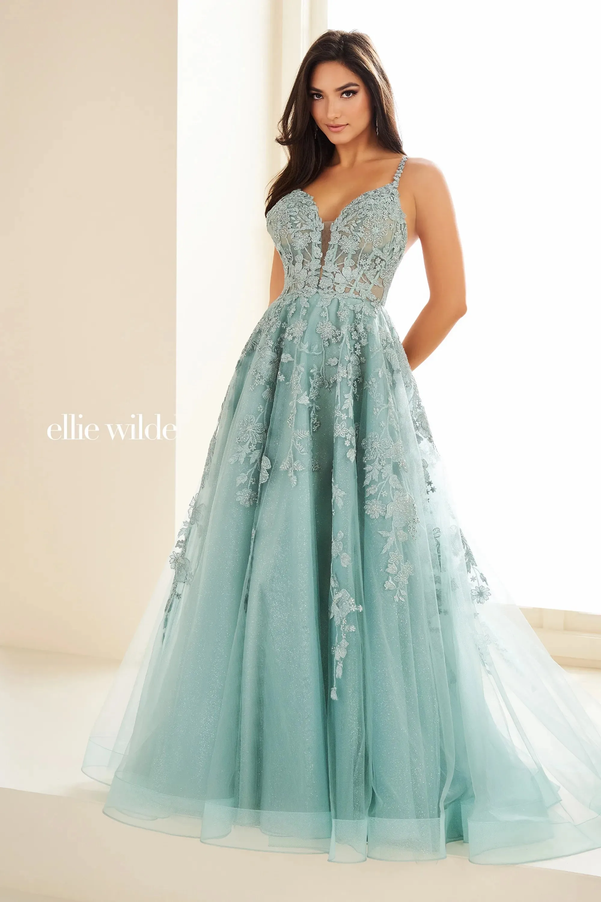 Ellie Wilde EW36015 Size 12 Strawberry Long sheer lace A Line Prom Dress Shimmer Pageant Gown Formal Ballgown