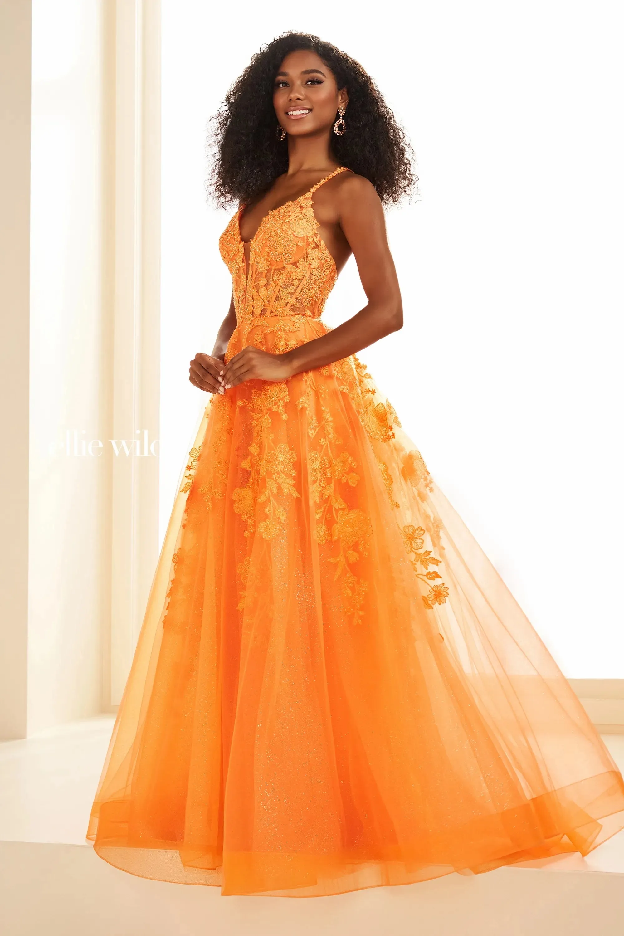 Ellie Wilde EW36015 Size 12 Strawberry Long sheer lace A Line Prom Dress Shimmer Pageant Gown Formal Ballgown