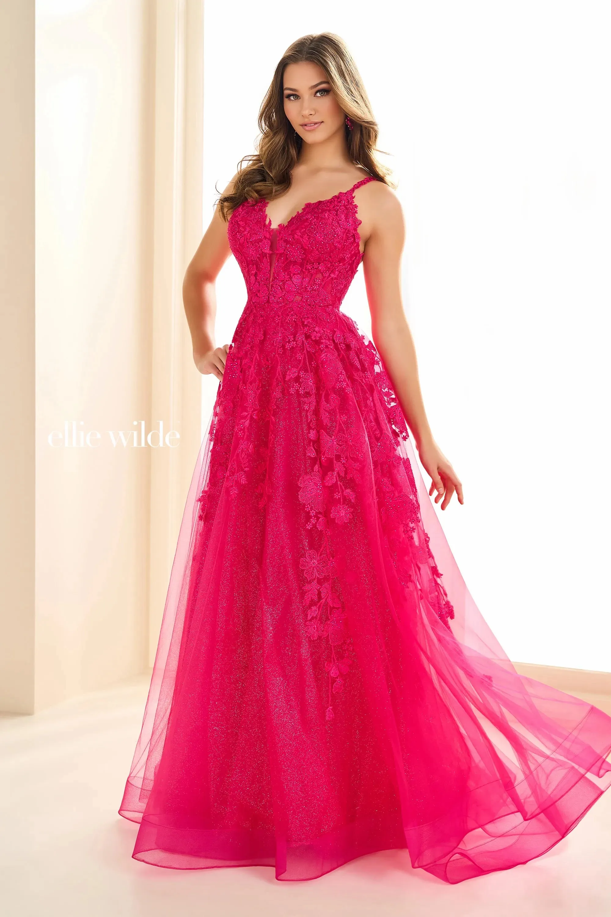 Ellie Wilde EW36015 Size 12 Strawberry Long sheer lace A Line Prom Dress Shimmer Pageant Gown Formal Ballgown
