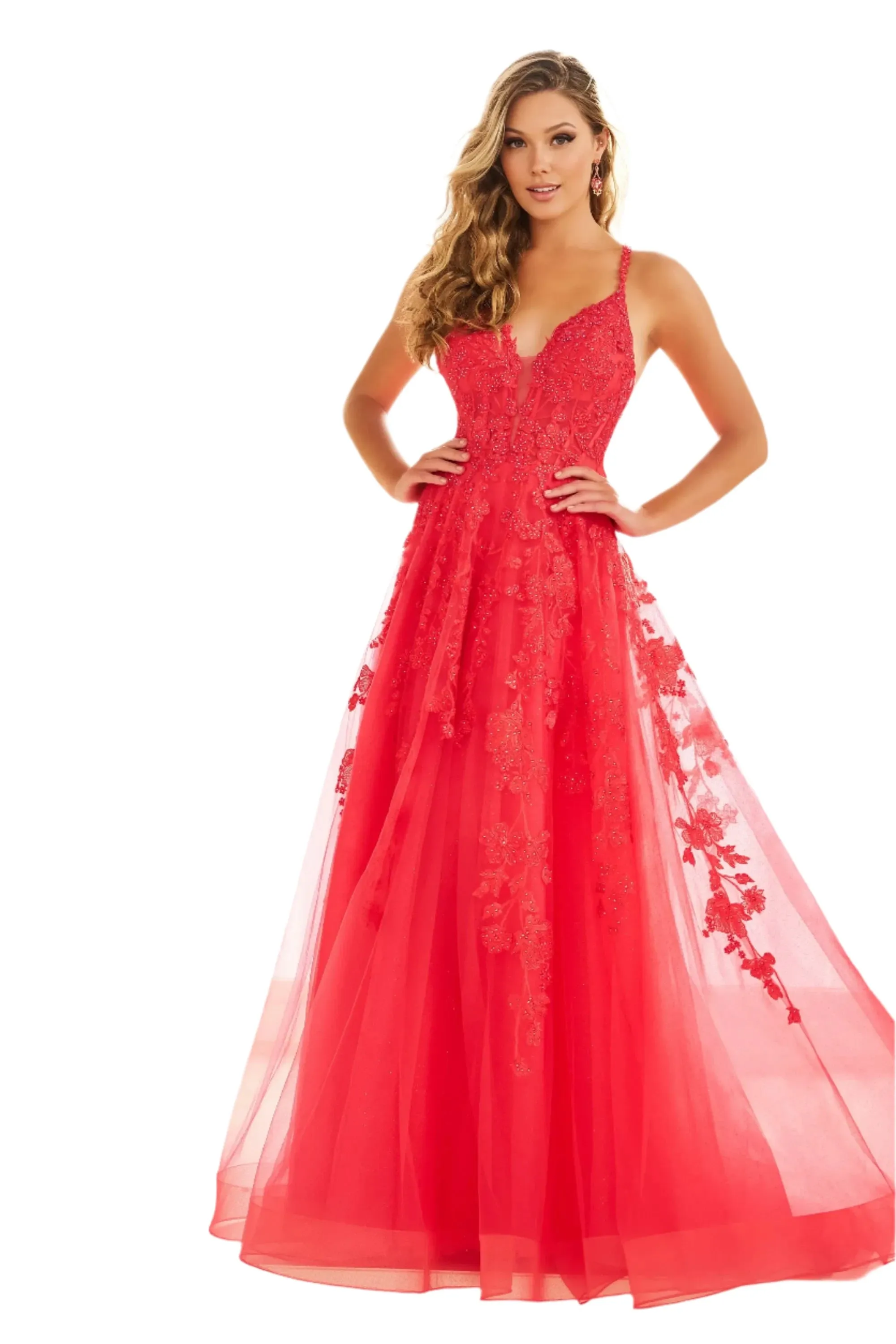 Ellie Wilde EW36015 Size 12 Strawberry Long sheer lace A Line Prom Dress Shimmer Pageant Gown Formal Ballgown