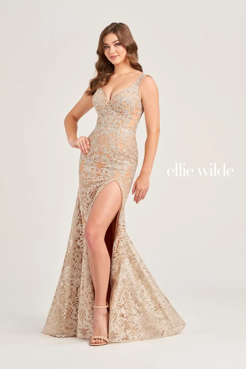 Ellie Wilde Tight Lace Open Back Prom Dress EW35091