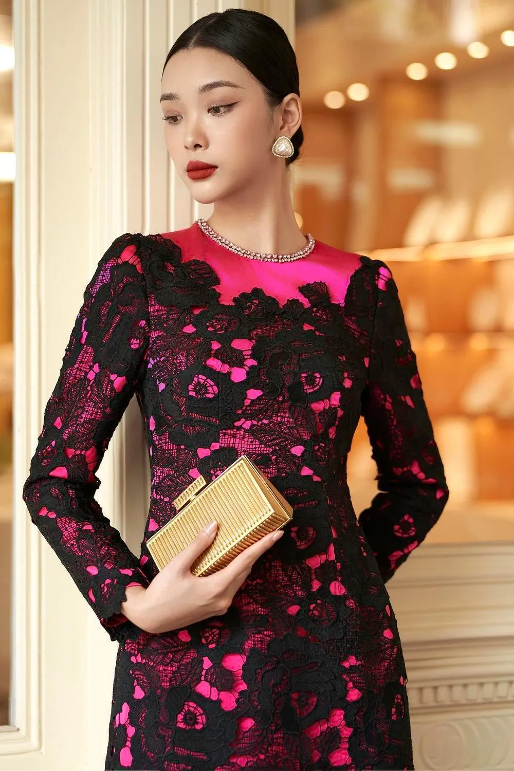 Empira Straight Stone Silk Lace Floor Length Ao Dai