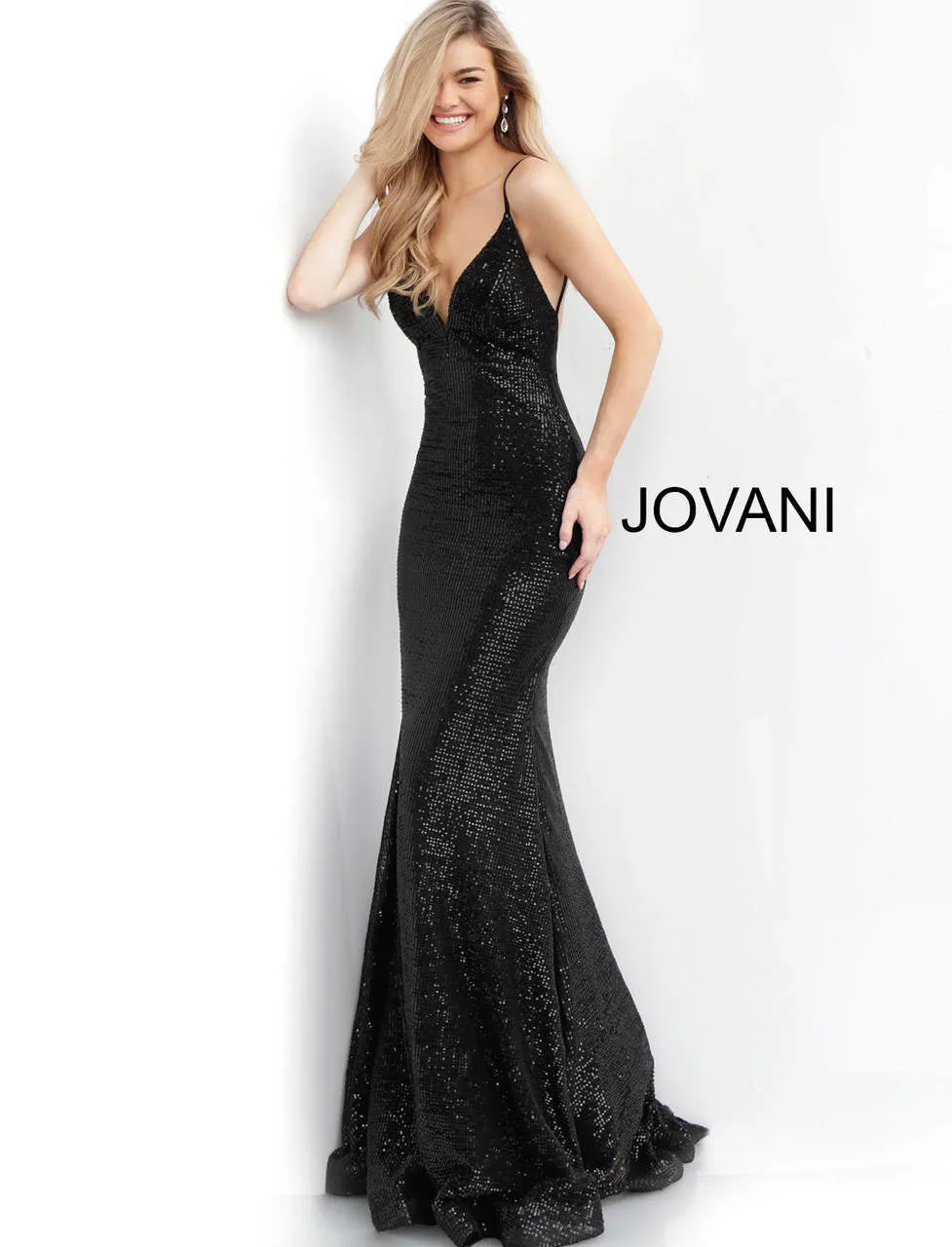 Fitted Backless Sequin Gown - Black