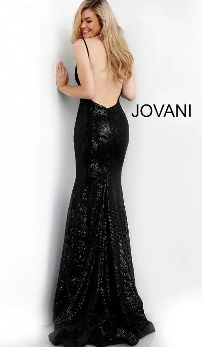 Fitted Backless Sequin Gown - Black