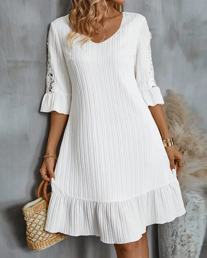 Flared Sleeve Lace Knee Length Dress