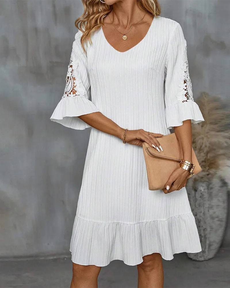Flared Sleeve Lace Knee Length Dress