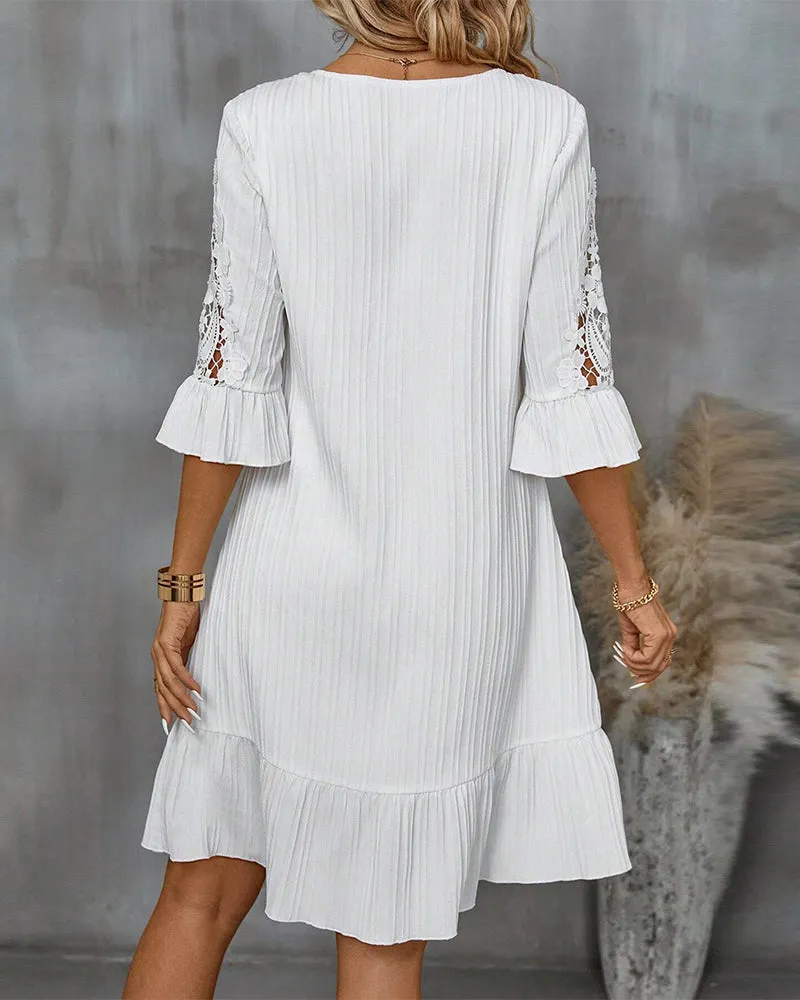 Flared Sleeve Lace Knee Length Dress