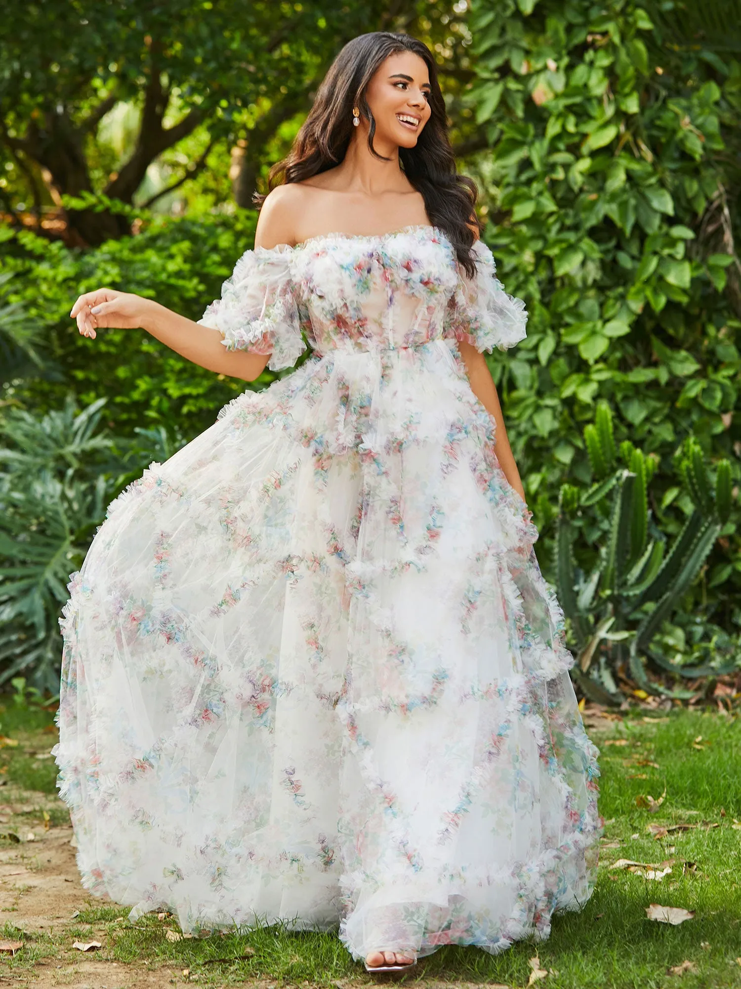 Floral Boho Off Shoulder Ruffle Skirt Tulle Gown Ivory
