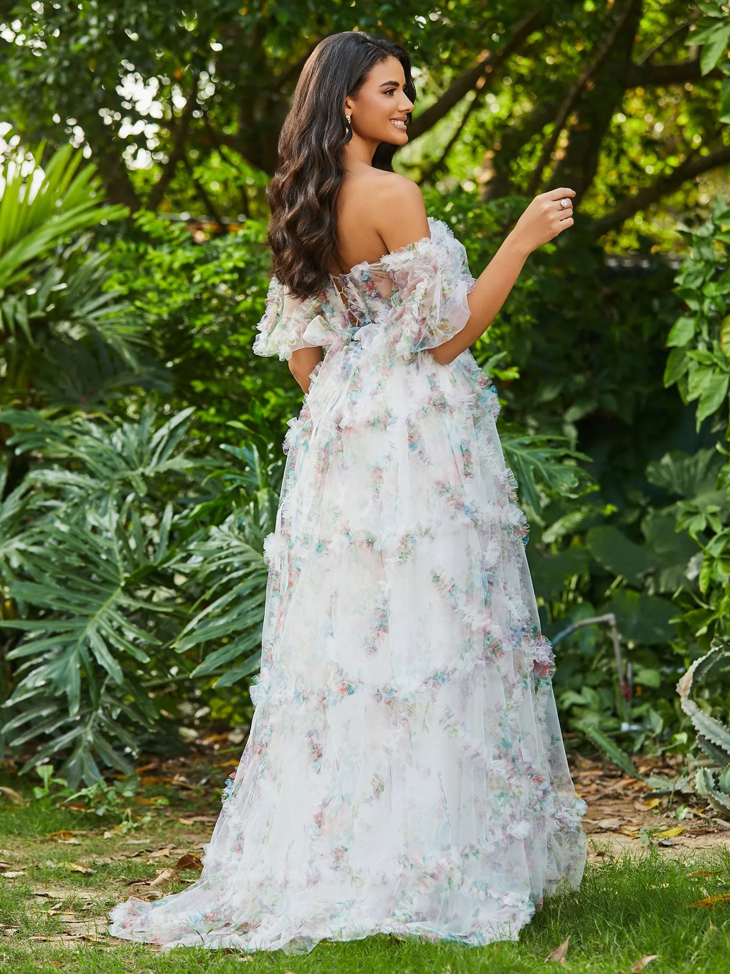 Floral Boho Off Shoulder Ruffle Skirt Tulle Gown Ivory