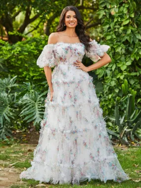 Floral Boho Off Shoulder Ruffle Skirt Tulle Gown Ivory
