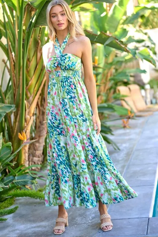 Floral Printed Smocked Ruffle Maxi Dress