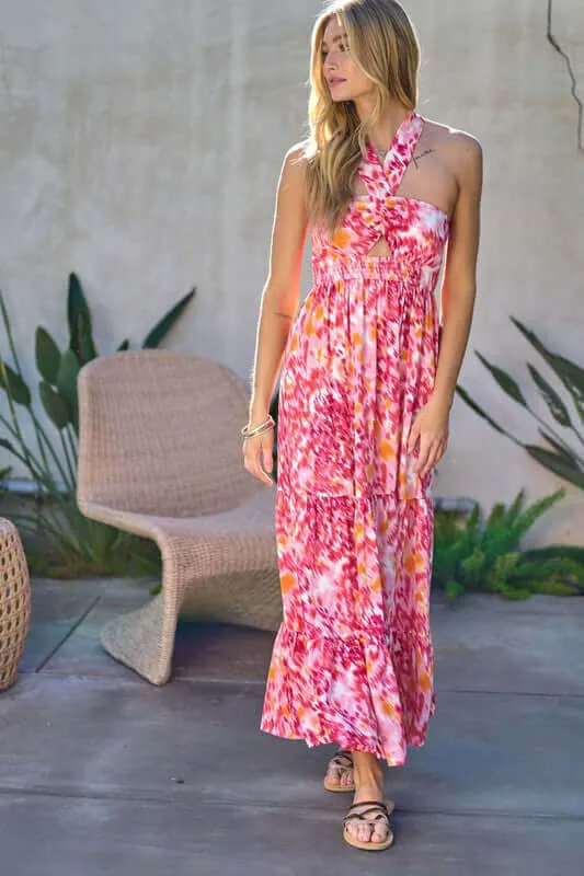 Floral Printed Smocked Ruffle Maxi Dress