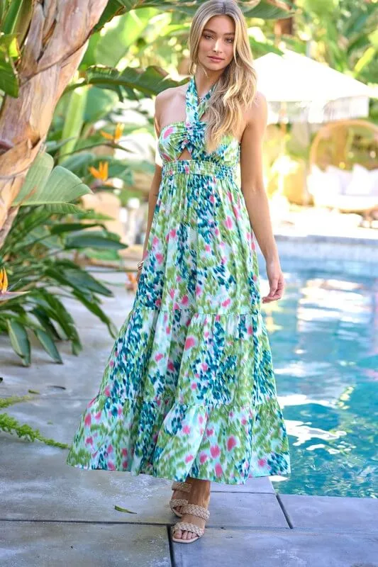 Floral Printed Smocked Ruffle Maxi Dress