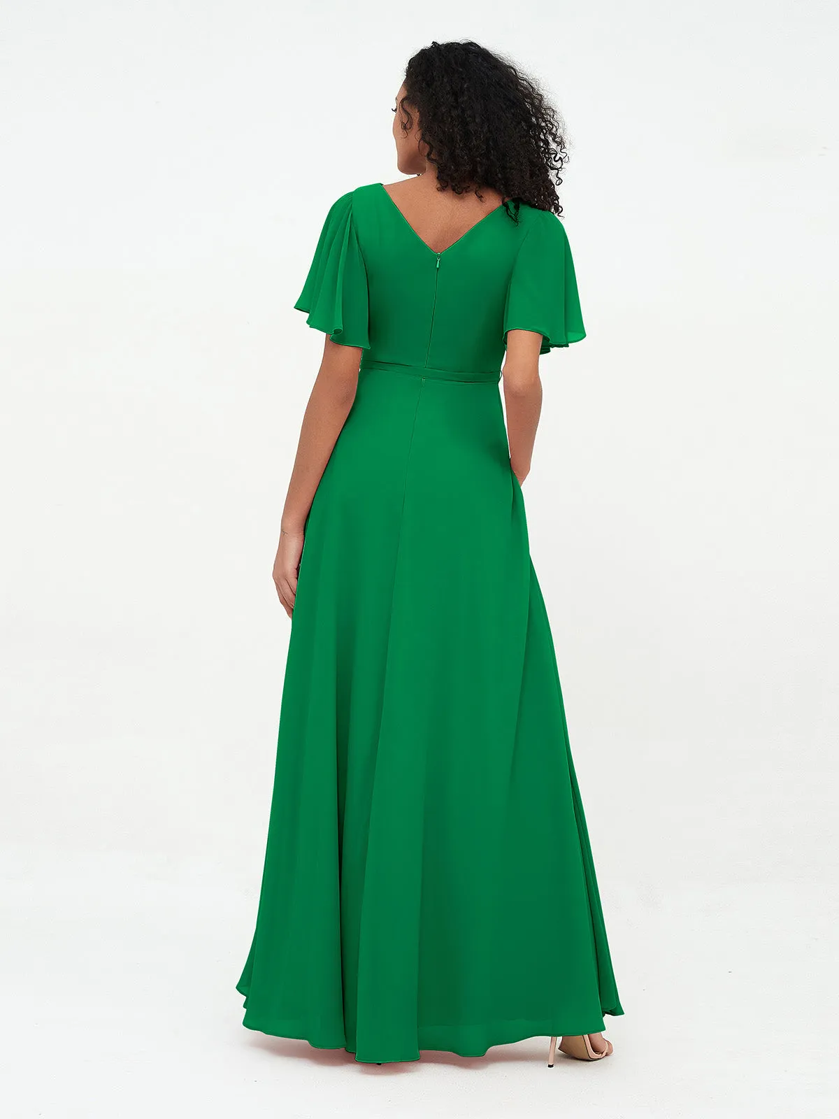 Flutter Sleeves Chiffon Max Dresses with Sash Bow-Emerald