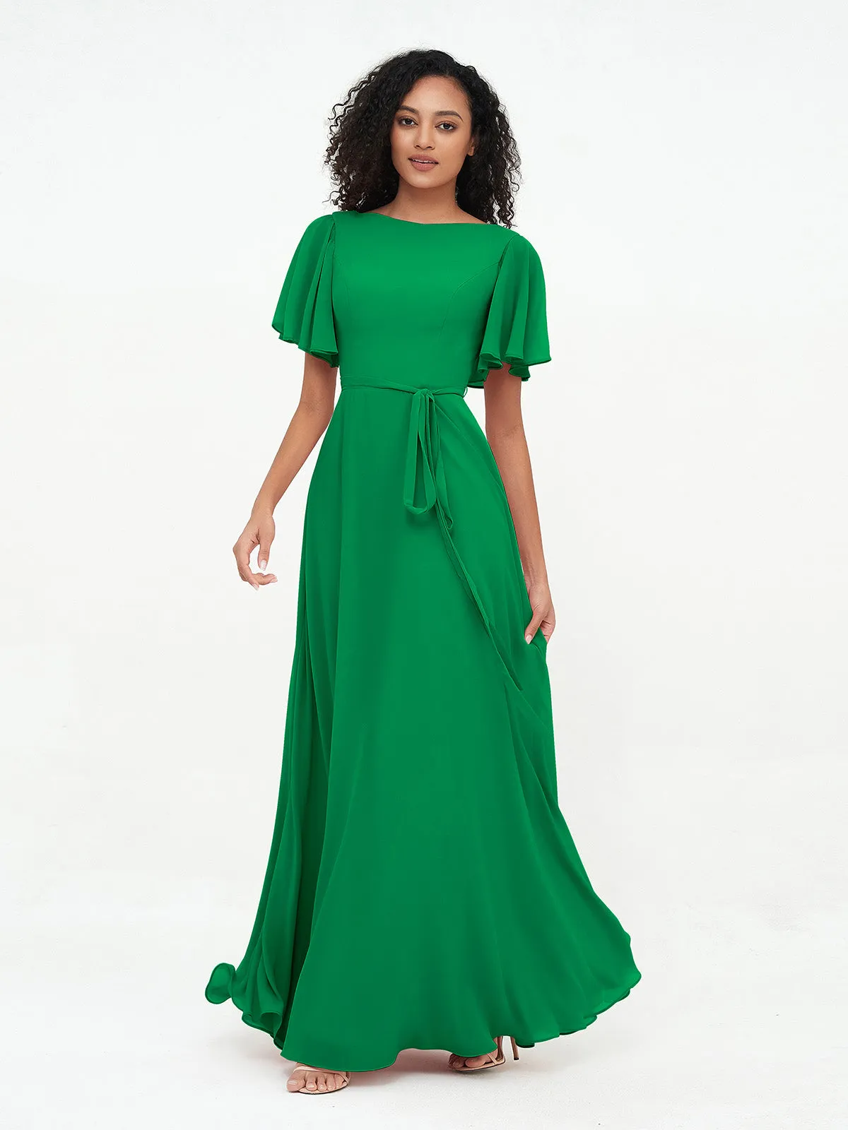 Flutter Sleeves Chiffon Max Dresses with Sash Bow-Emerald