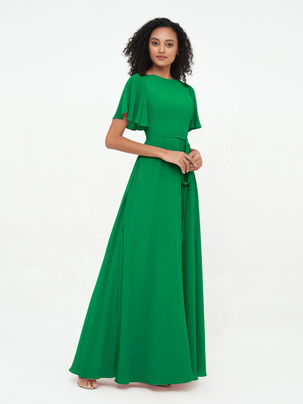 Flutter Sleeves Chiffon Max Dresses with Sash Bow-Emerald