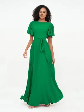 Flutter Sleeves Chiffon Max Dresses with Sash Bow-Emerald