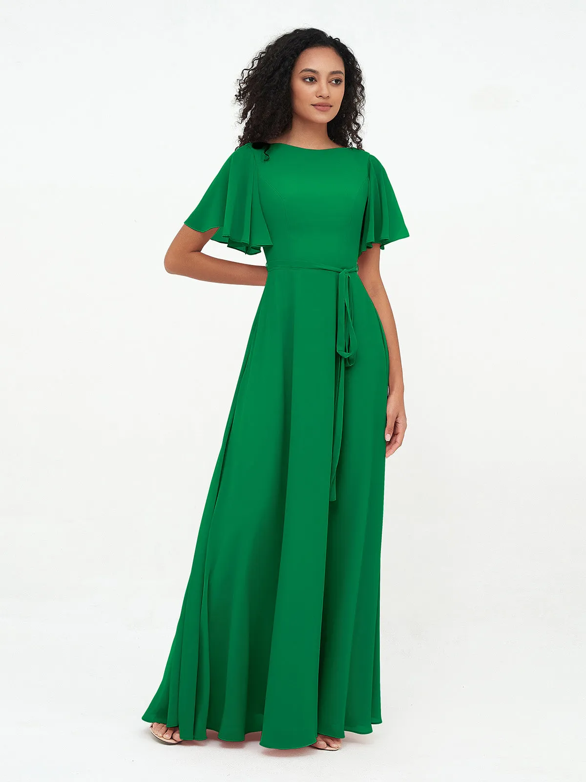 Flutter Sleeves Chiffon Max Dresses with Sash Bow-Emerald