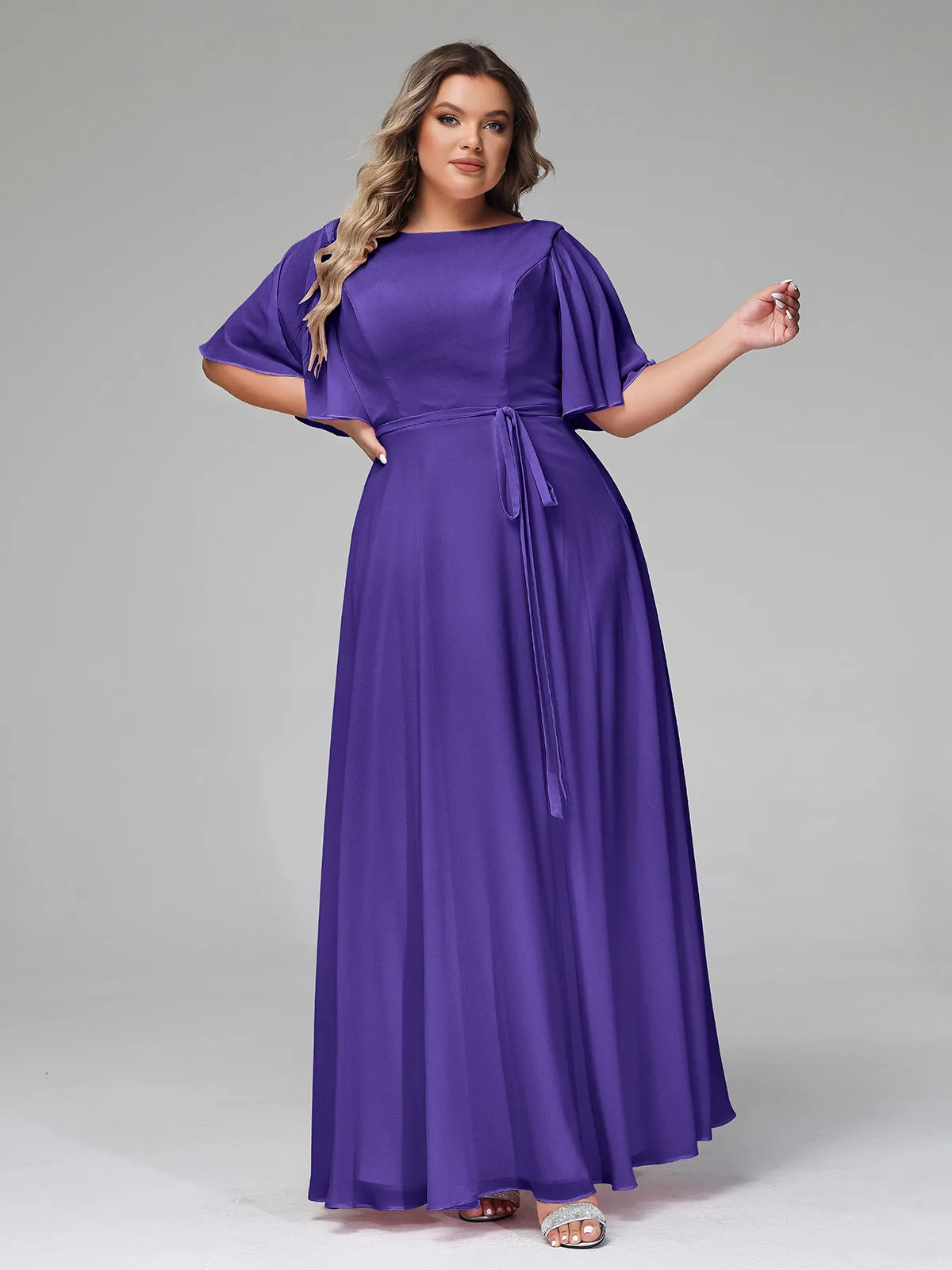 Flutter Sleeves Chiffon Max Dresses with Sash Bow-Regency Plus Size