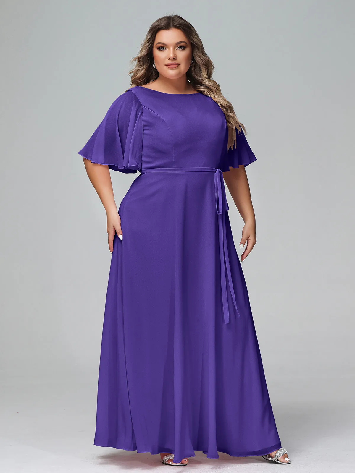 Flutter Sleeves Chiffon Max Dresses with Sash Bow-Regency Plus Size
