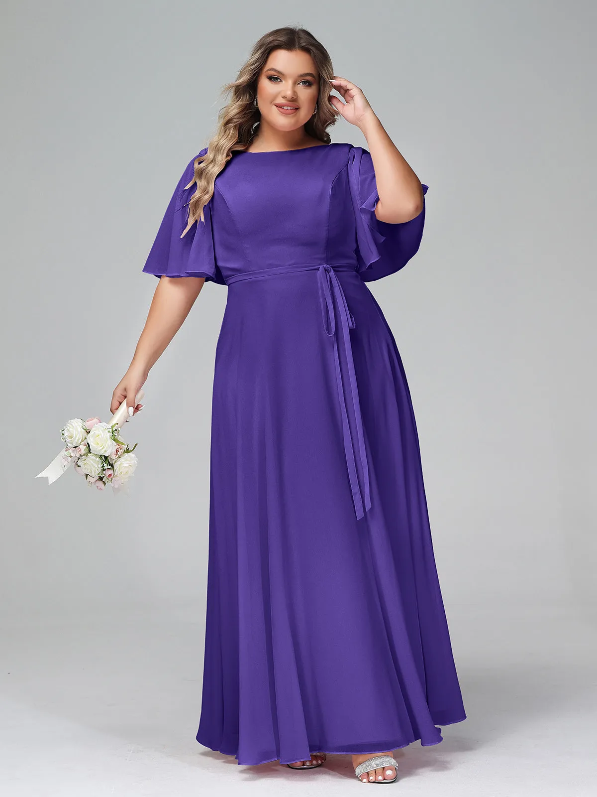 Flutter Sleeves Chiffon Max Dresses with Sash Bow-Regency Plus Size
