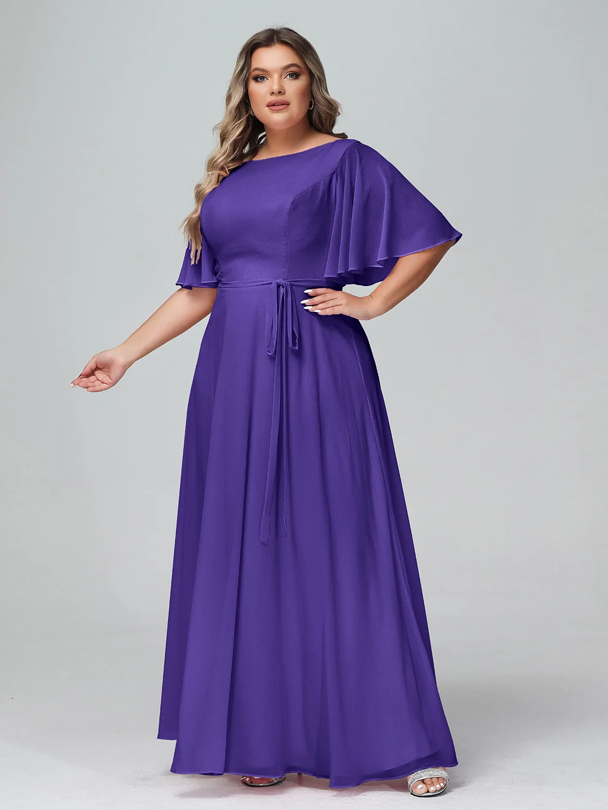 Flutter Sleeves Chiffon Max Dresses with Sash Bow-Regency Plus Size