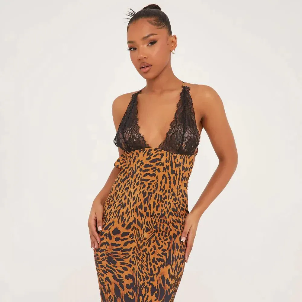 Flytonn- Leopard Print Lace Maxi Dress