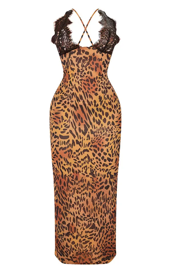 Flytonn- Leopard Print Lace Maxi Dress