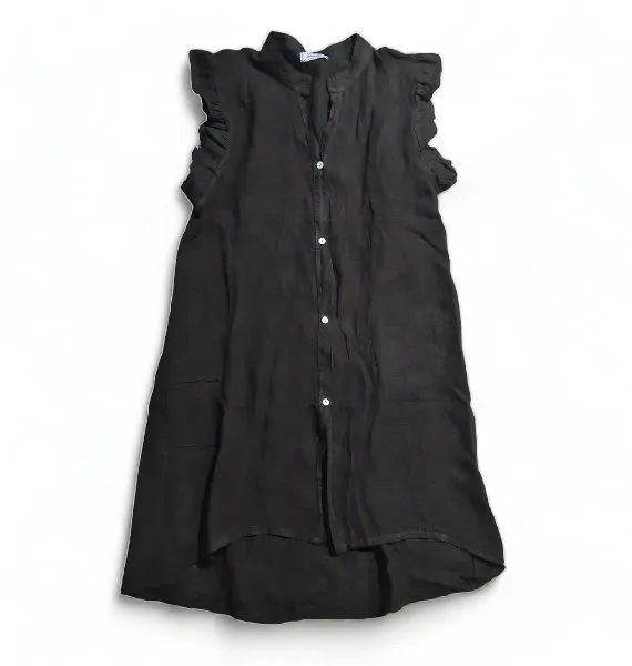 FRILL SHOULDER DRESS ASTRID LINEN BLACK