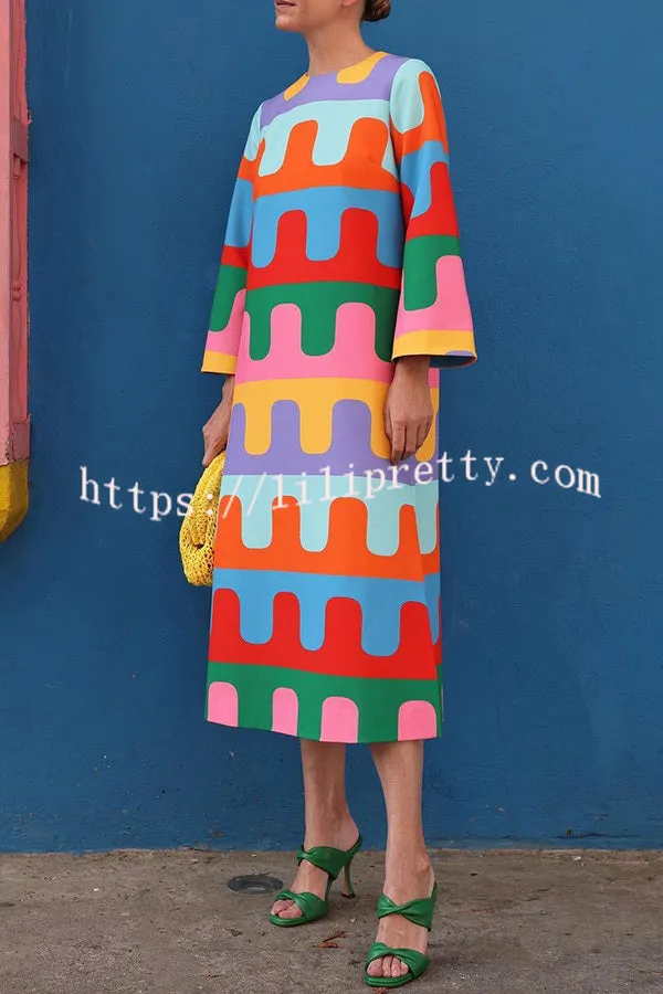 Geometric Print Long Sleeved Midi Dress with Side Slits