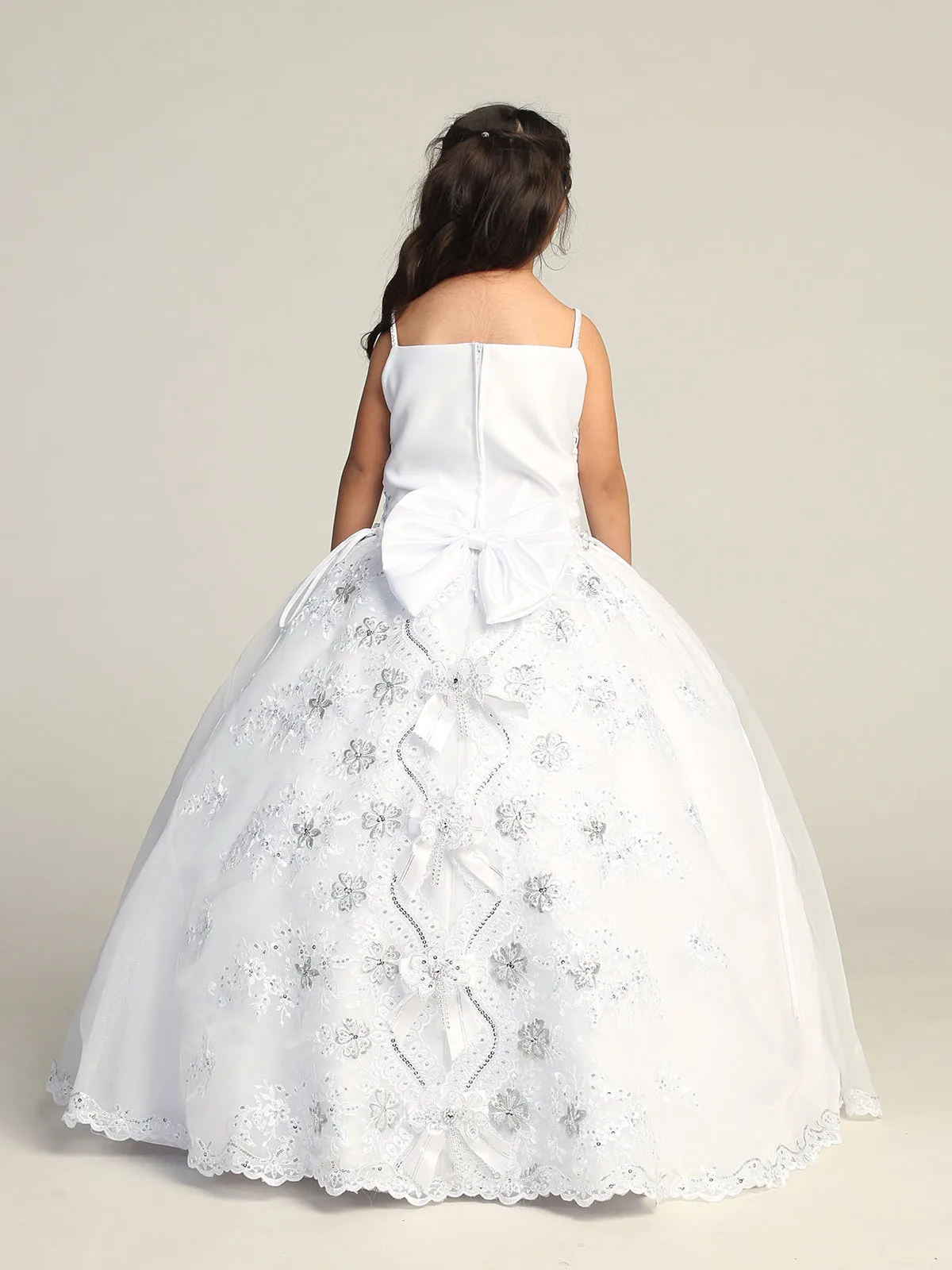 Girls White Lace Applique Organza Overlay Communion Dress 7-18