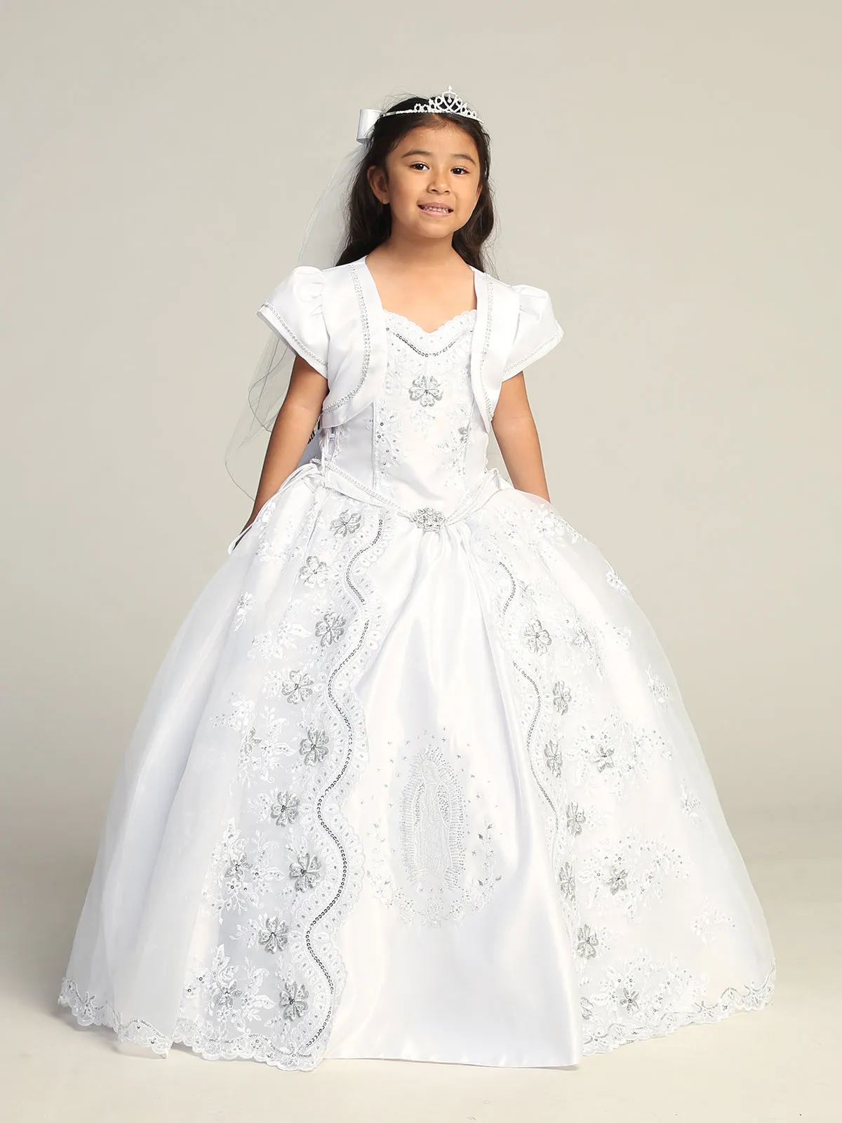 Girls White Lace Applique Organza Overlay Communion Dress 7-18