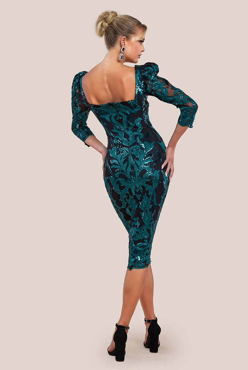 Goddiva Square Neck Scalloped Lace Midi Dress - Emerald Green