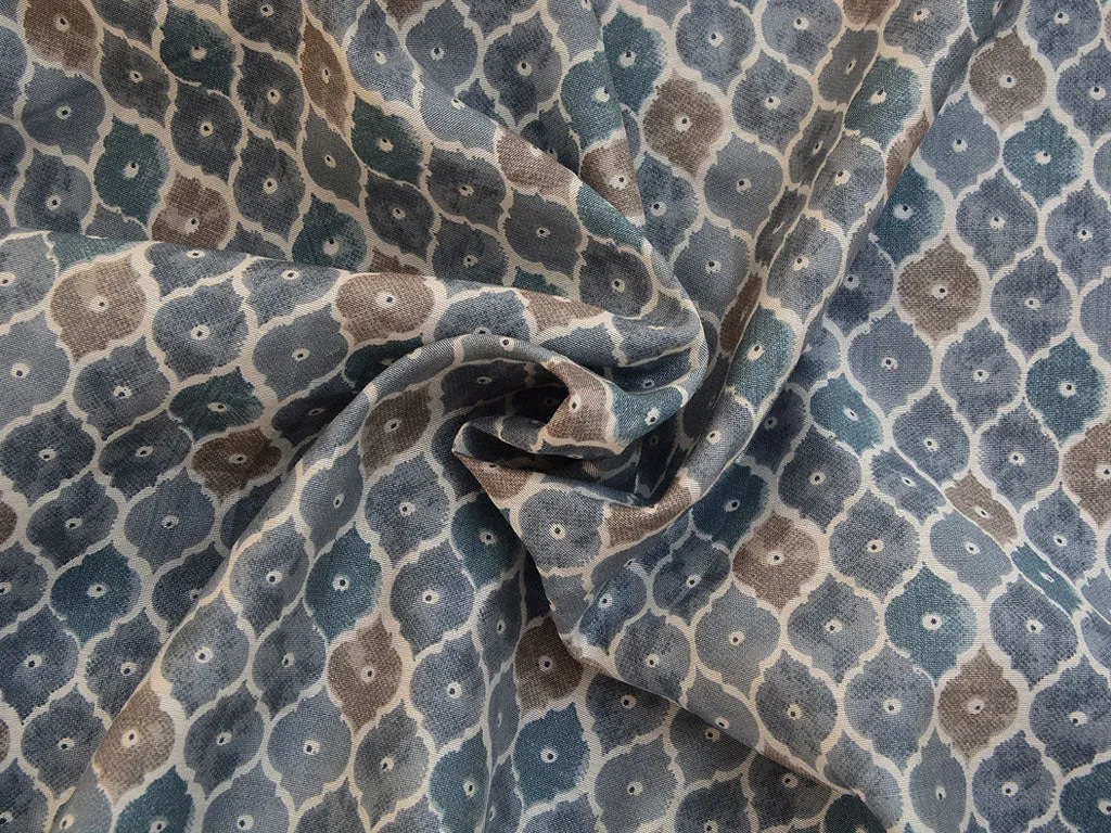 Gray & Teal Geometric Premium Modal Chanderi Silk Fabric