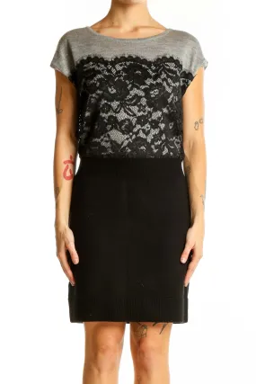 Gray and Black Lace Overlay Sweater Dress
