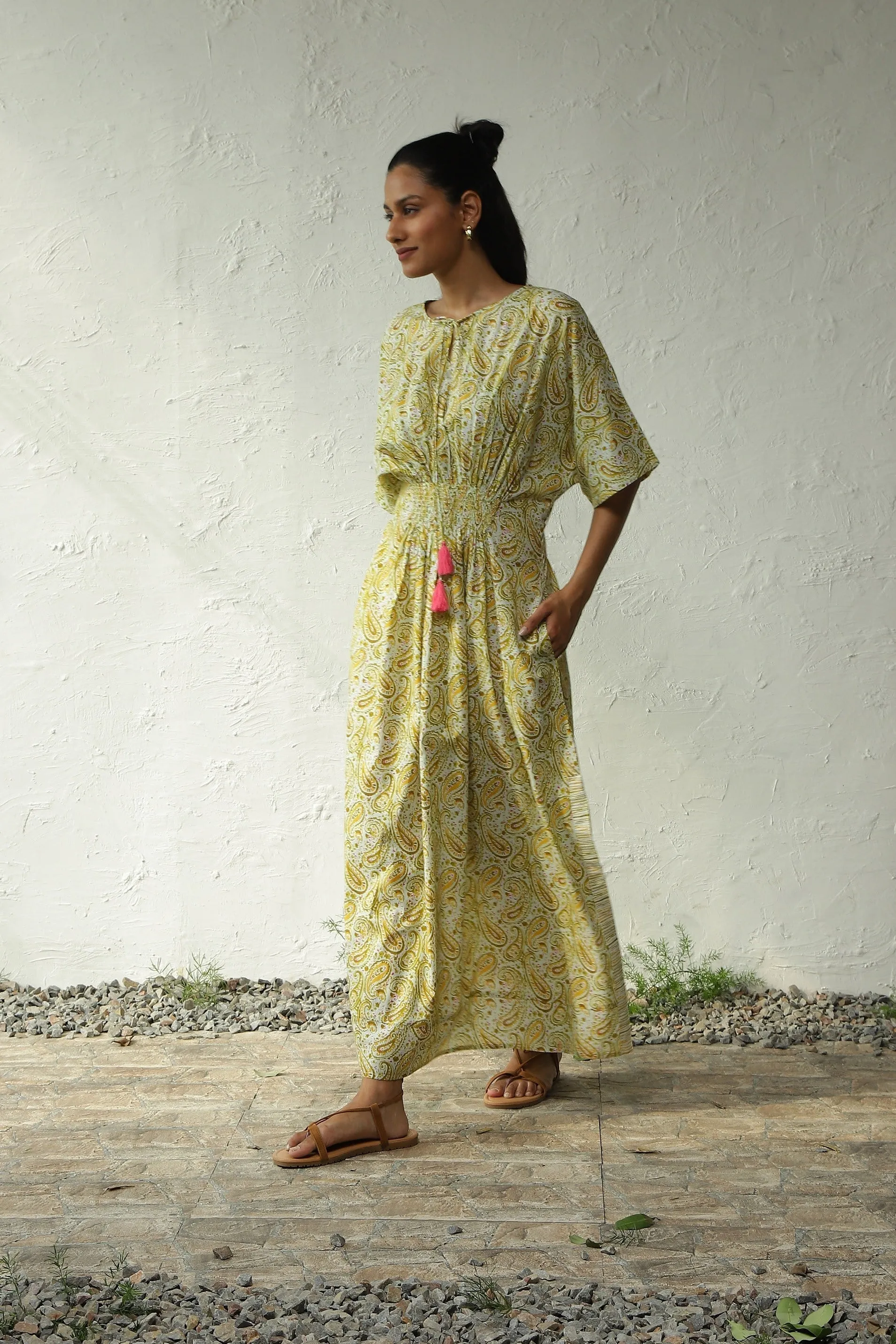 Green Cotton Long Smocked Dress
