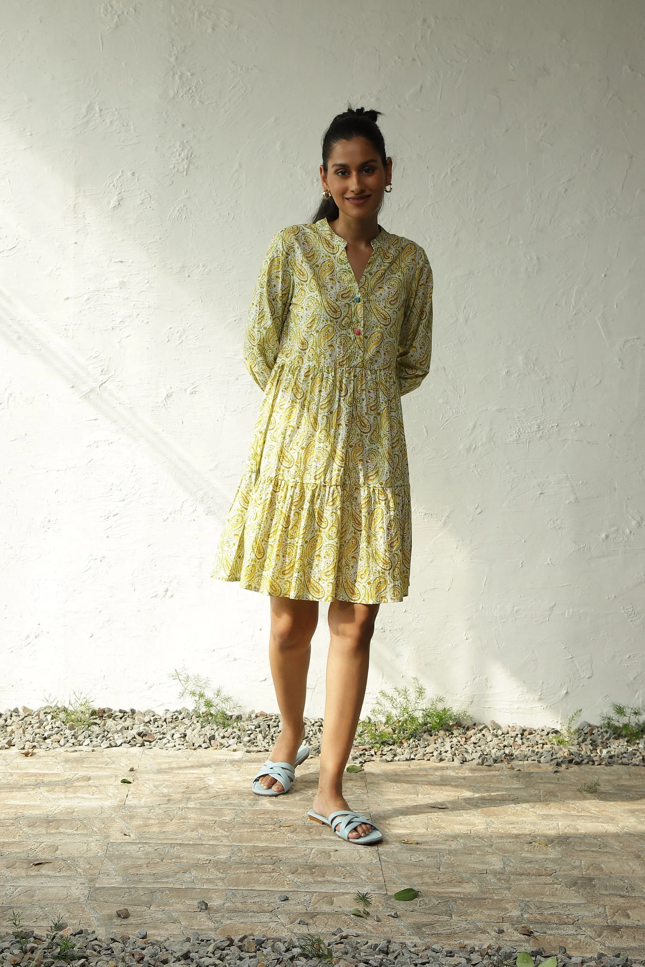 Green Cotton Tiered Midi Dress