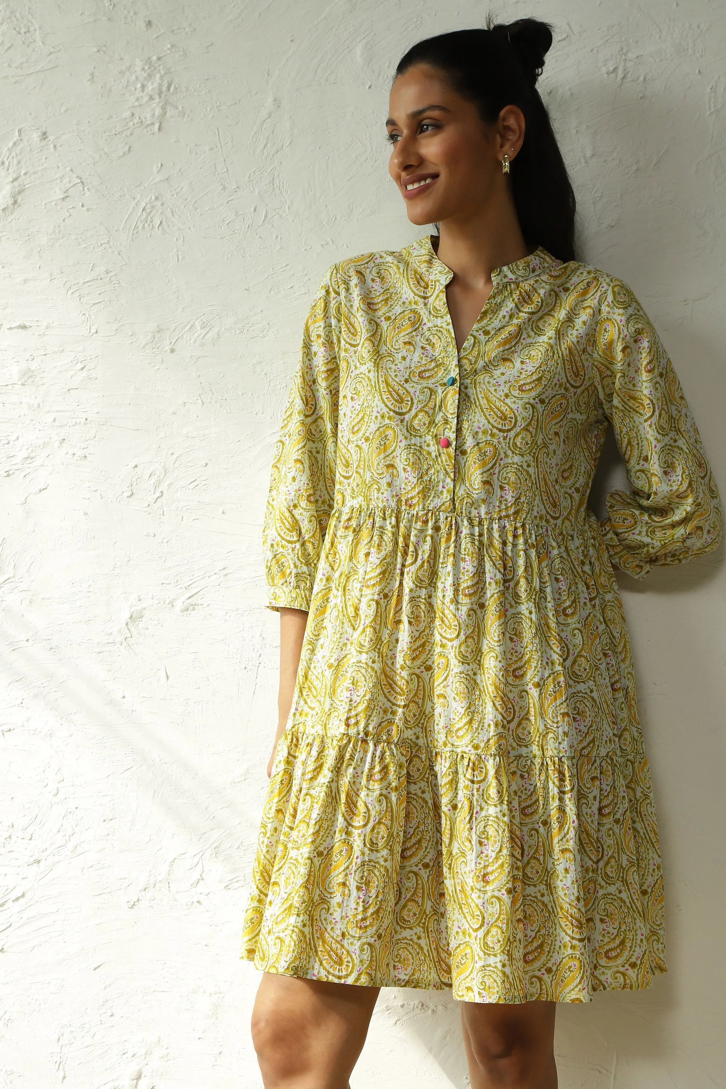 Green Cotton Tiered Midi Dress