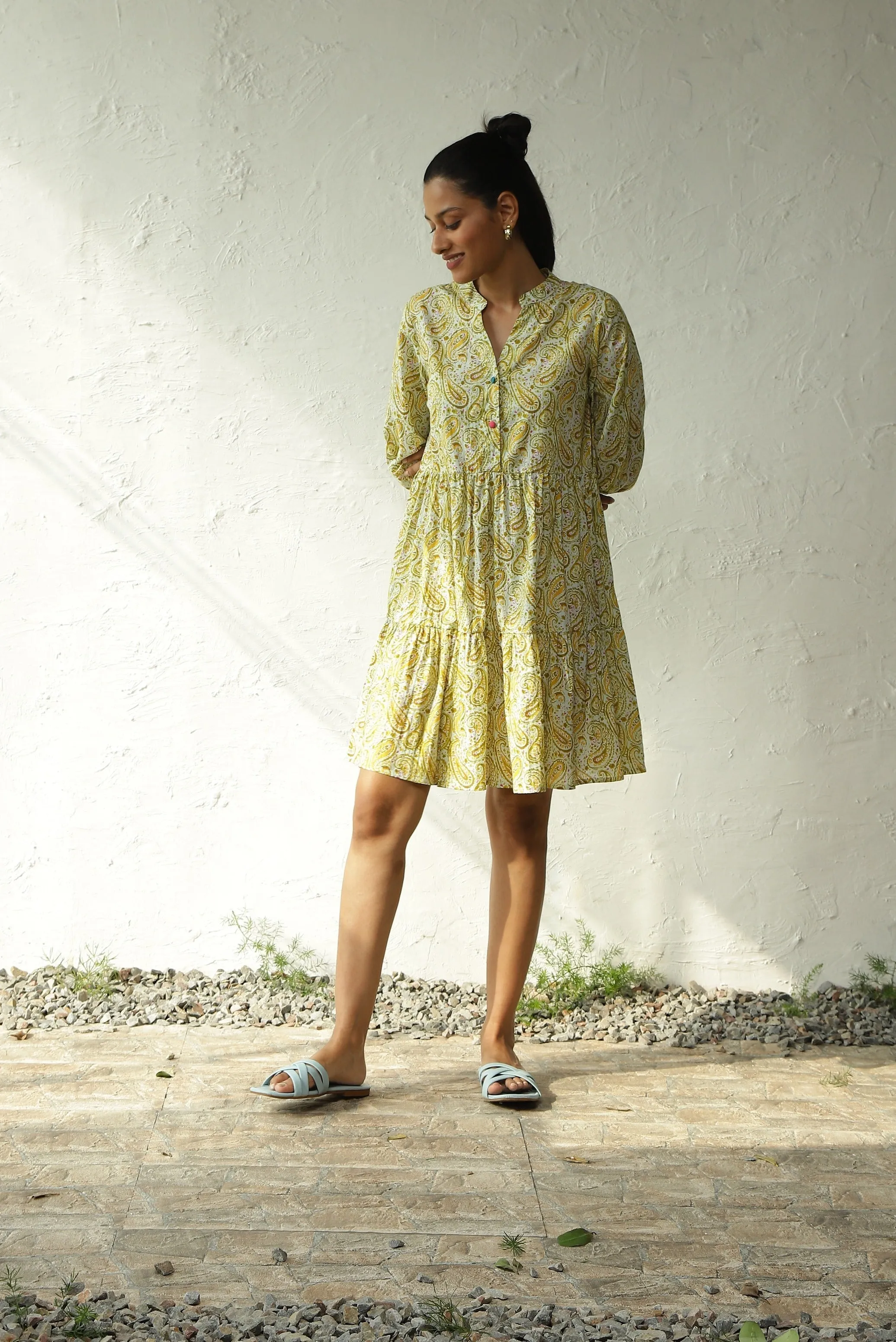 Green Cotton Tiered Midi Dress