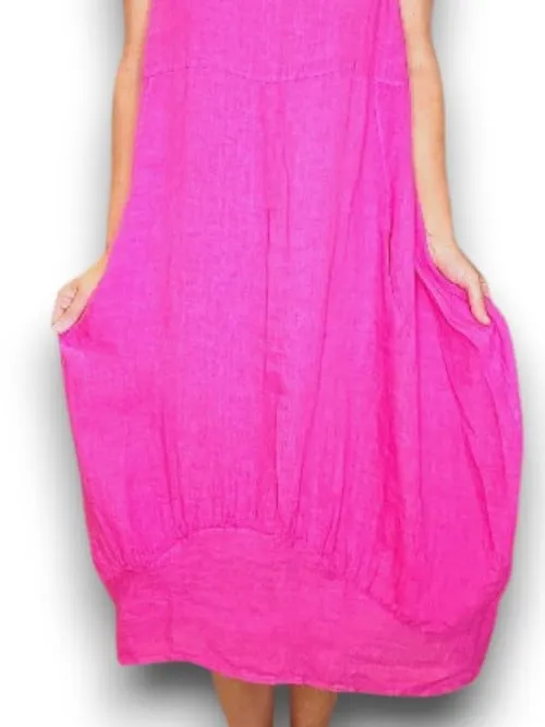 HELGA MAY MID SLEEVE MAXI DRESS LINEN HOT PINK