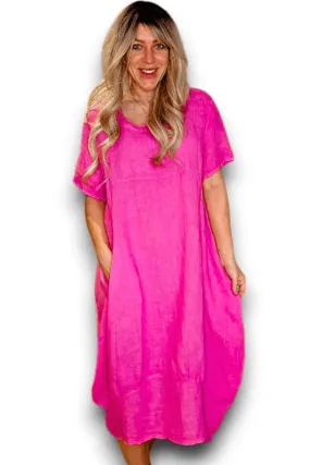 HELGA MAY MID SLEEVE MAXI DRESS LINEN HOT PINK