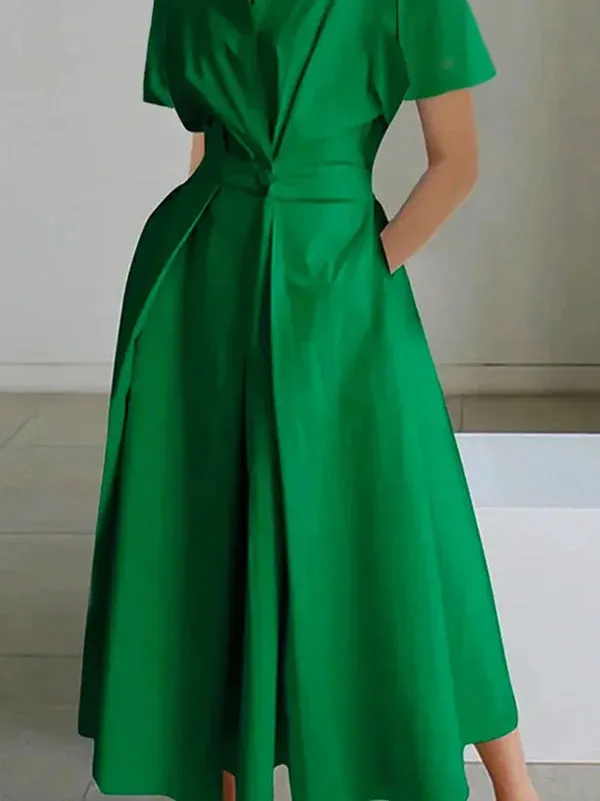High Waisted Loose Pleated Solid Color V-Neck Midi Dresses XL 117781